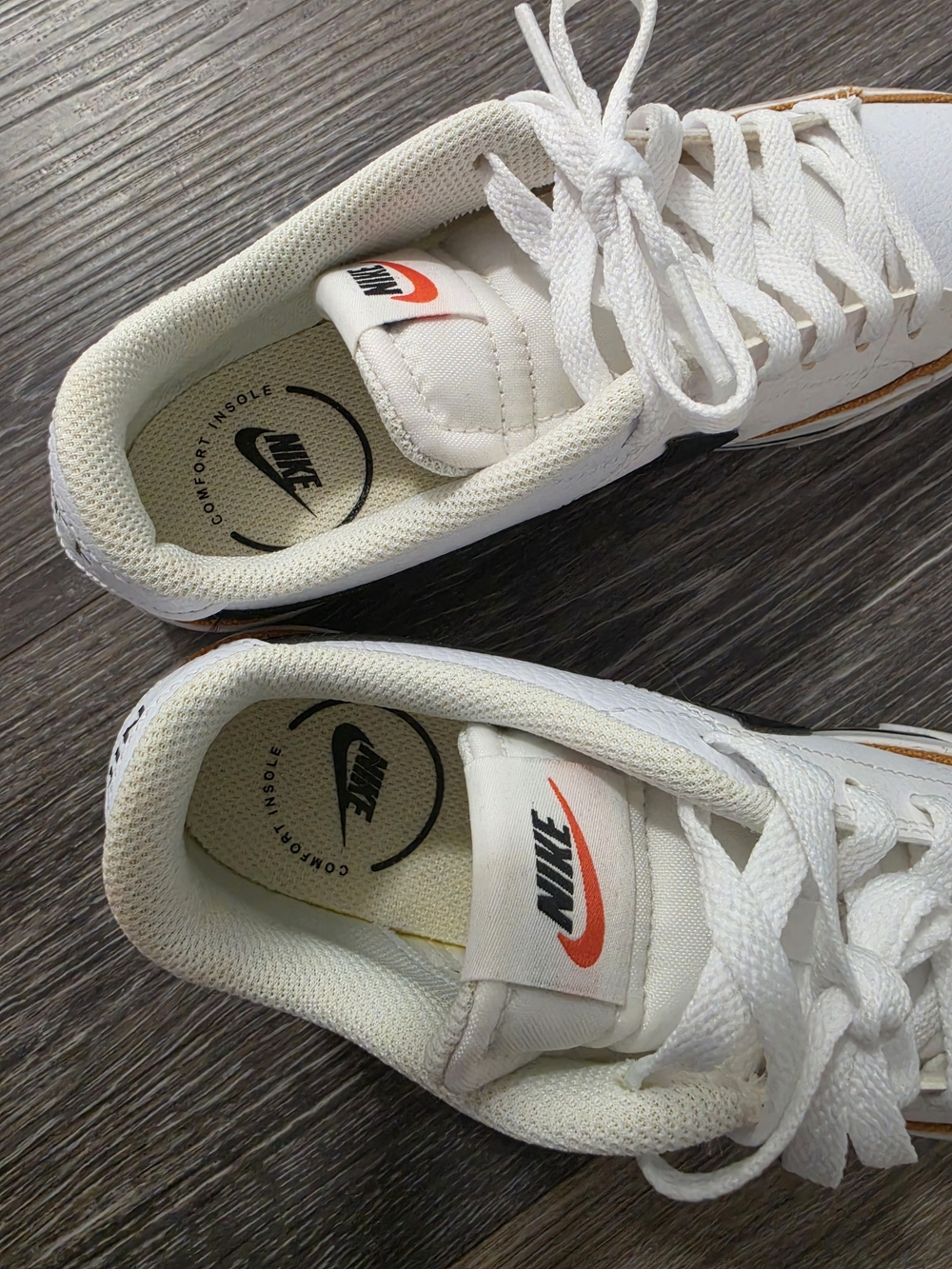 Nike Women’s White Sneakers with Black Swoosh and Brown Trim - Picture 3 of 5